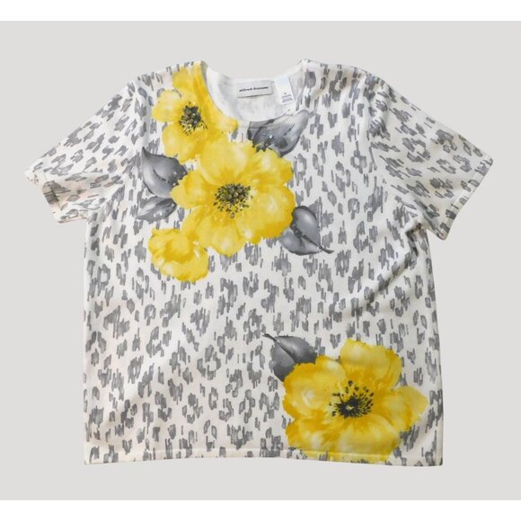 Alfred Dunner Sweater Top XL White Gray Animal Print Yellow Floral Cotton - Picture 4 of 9
